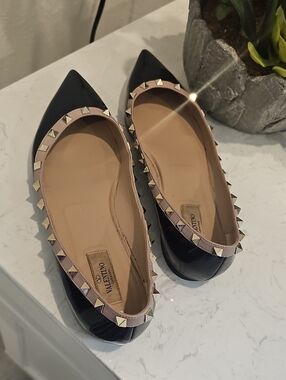 Valentino Rockstud Pointed Toe Ballerina Flats in Black and Nude
